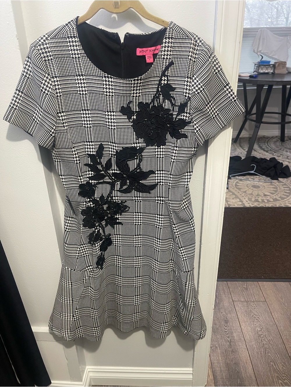 Betsey Johnson Black and White Plaid Fit-and-Flare Dress with Black Appliqué